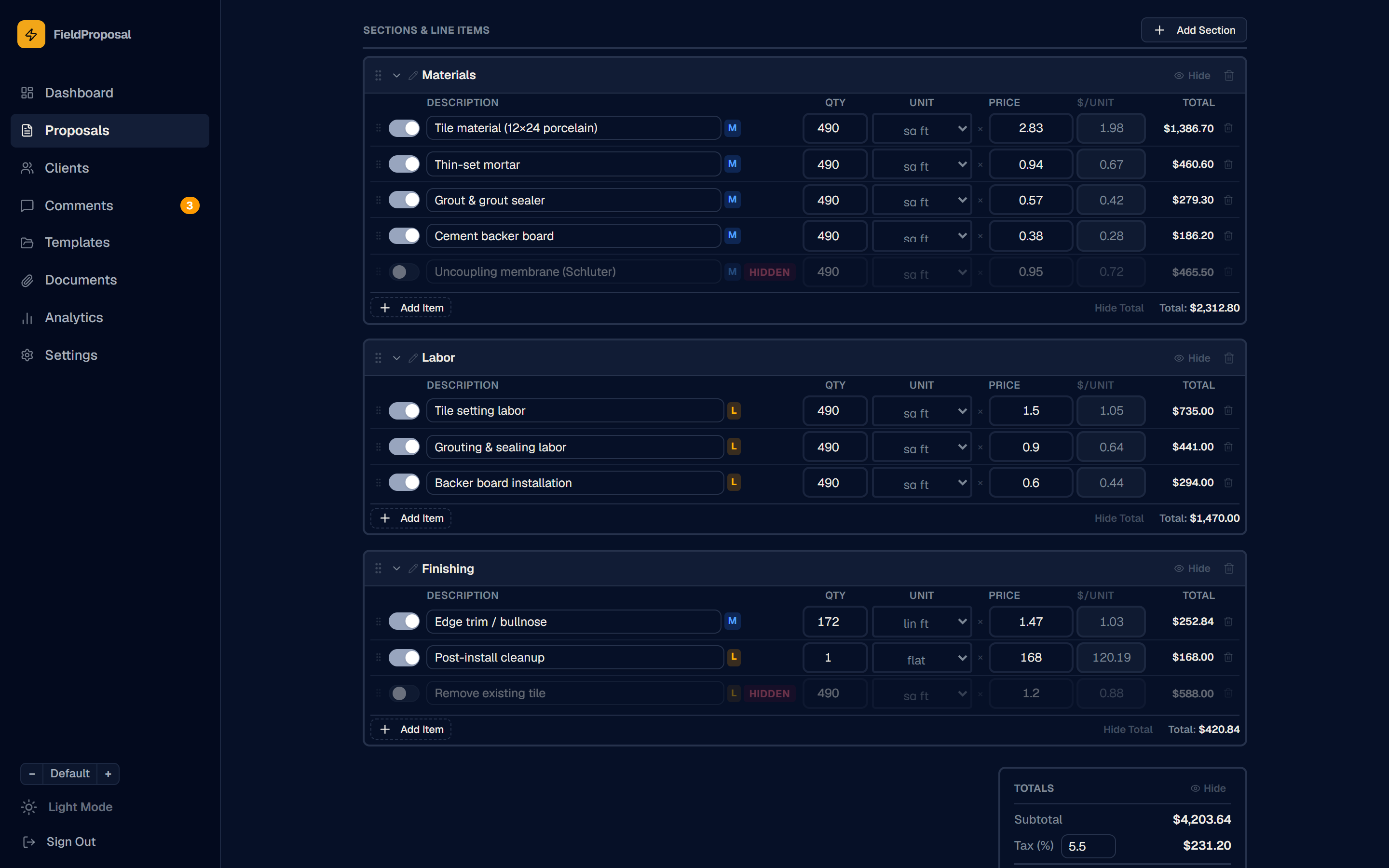 The proposal editor, showing flooring line items with quantities, units, client price and the contractor-only cost per unit.